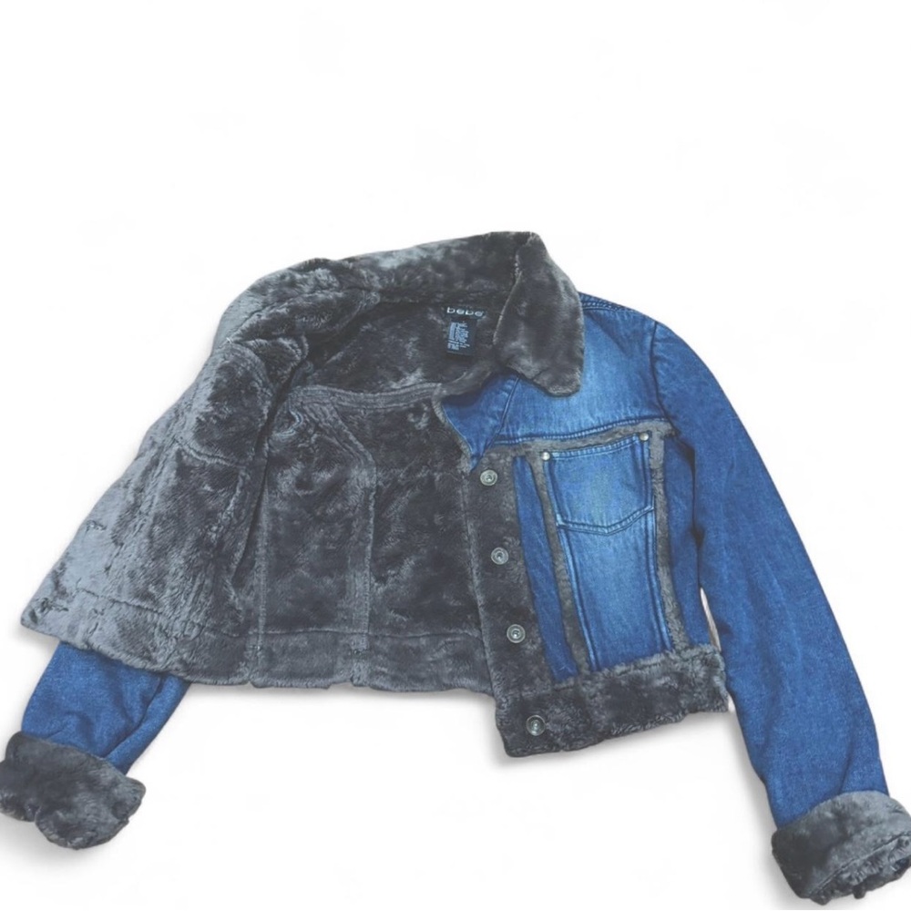Bebe Blue Denim Jacket with Brown Faux Fur